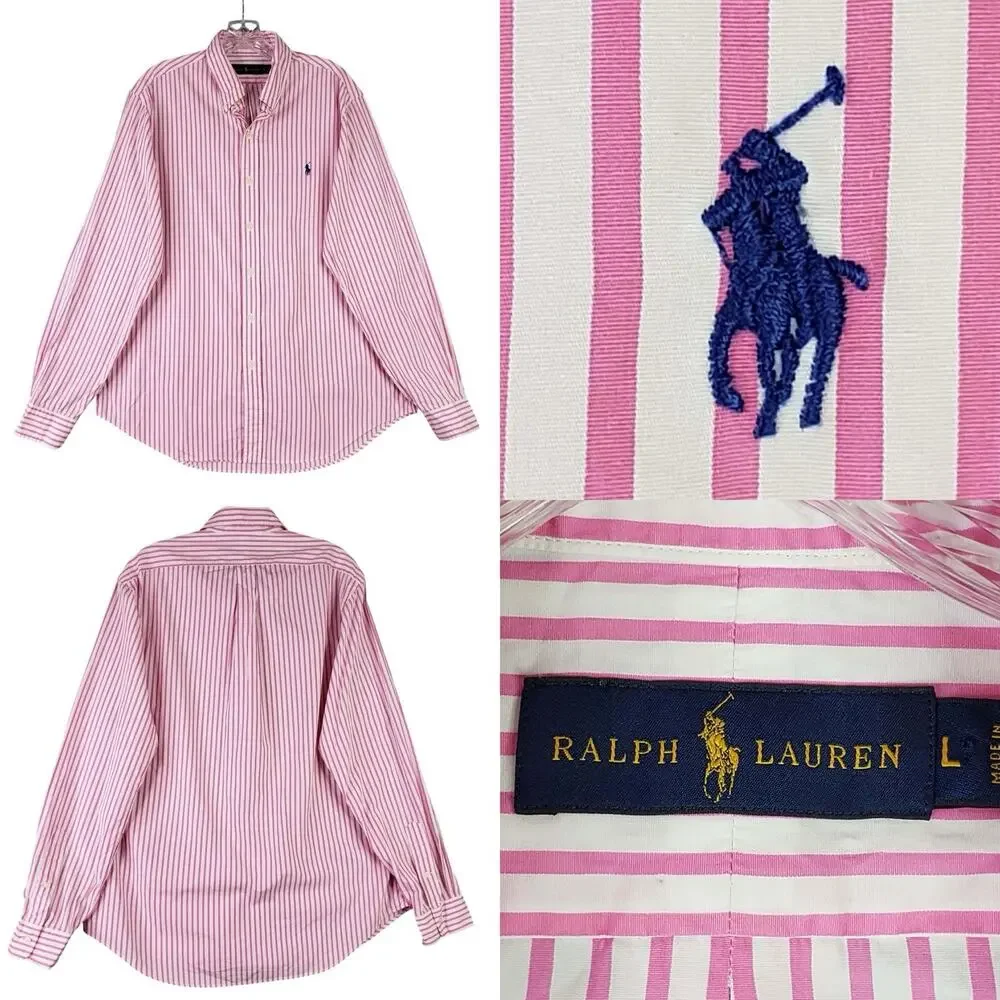 Polo Ralph Lauren Shirt Striped Oxford LS Button Down Pink Mens Size Large L